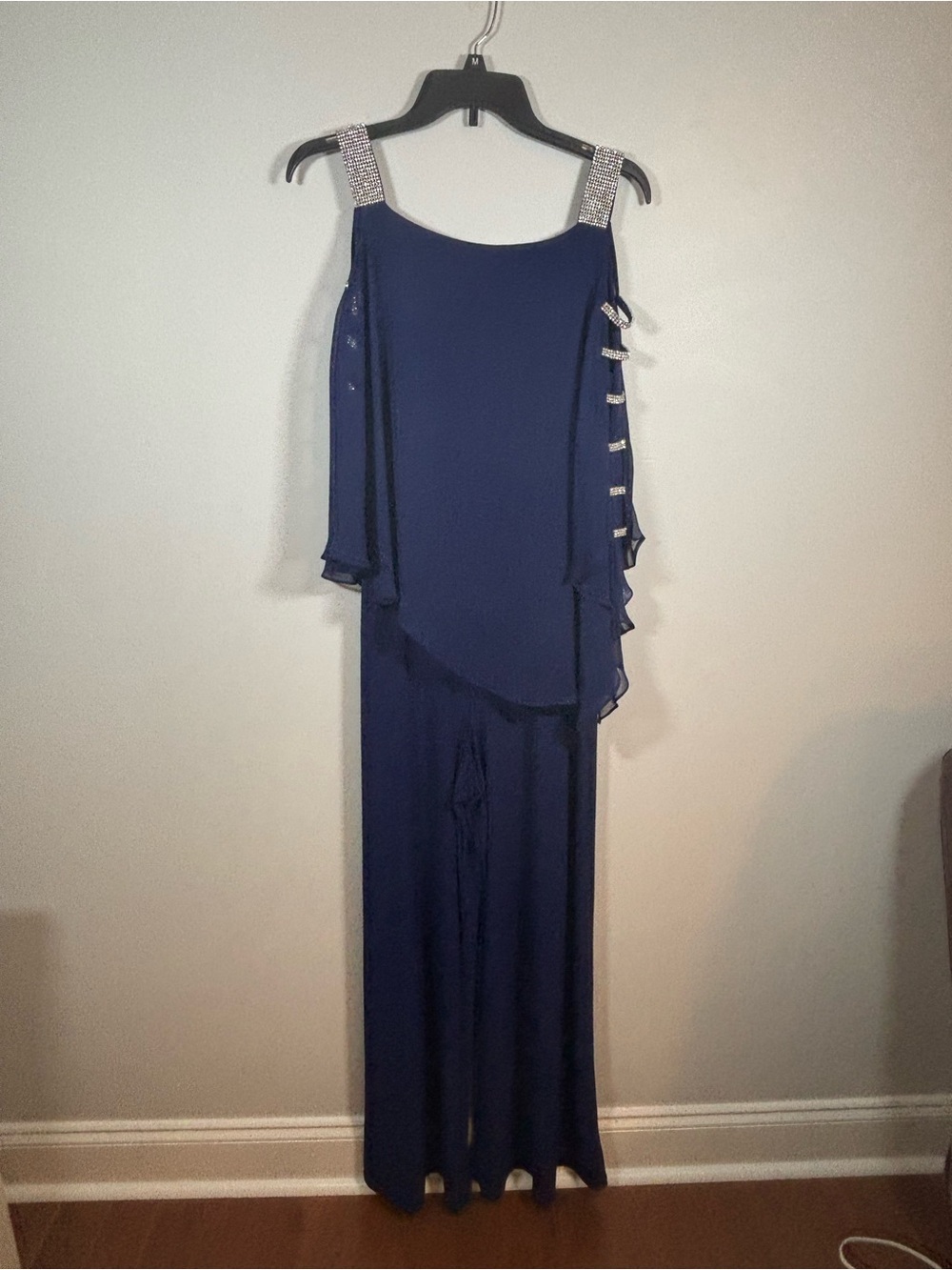 MSK Navy Blue Rhinestone Strap Jumpsuit w Chiffon Overlay Caped Sleeves - Size M